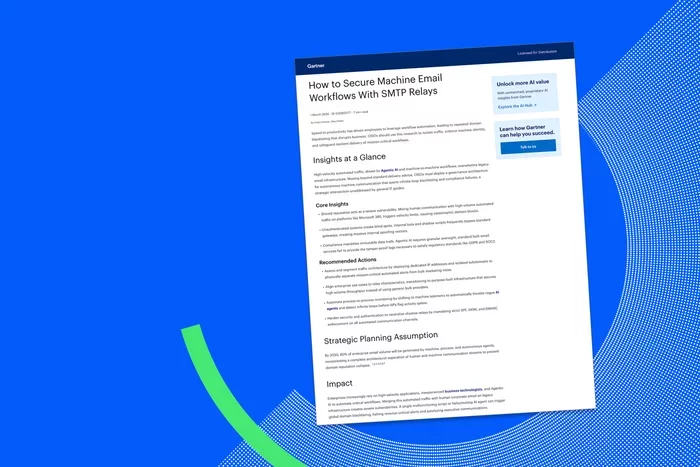 Gartner report on securing machine email workflows displayed on blue background.