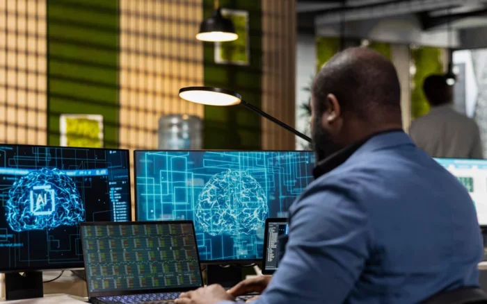 A professional works at a desk with multiple monitors displaying a digital brain and data visualizations, highlighting innovation and the power of AI-driven technology.