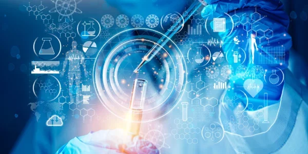 Digital healthcare interface with lab equipment, data visuals, and human anatomy graphics.