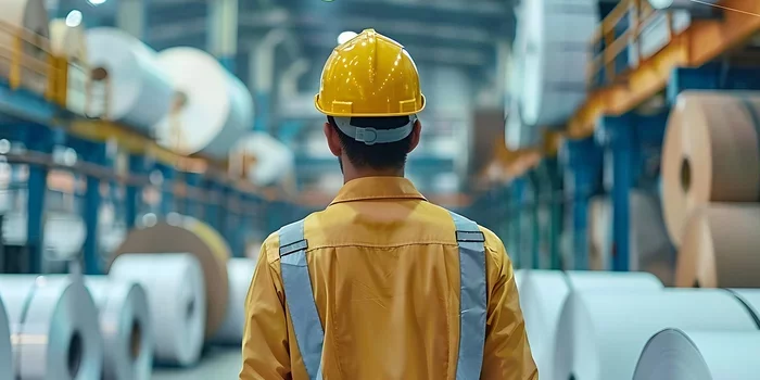 Industrial worker wearing safety gear inside large paper manufacturing facility.