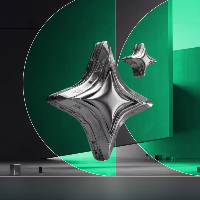 Abstract metallic forms representing generative AI and data security technology.