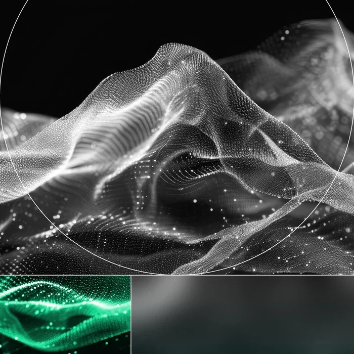 Abstract visualization of flowing digital data represented by white particles forming waves against a dark background.