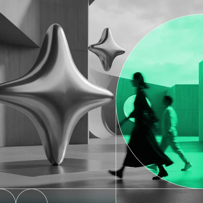 People walking through a modern workspace with abstract security graphics