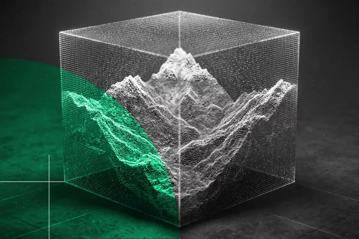 Abstract 3D data landscape within cube representing advanced analytics.