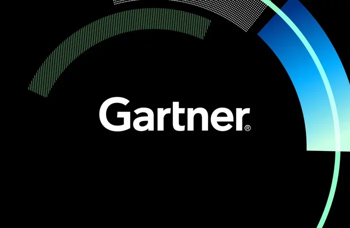 Gartner logo displayed on dark background with curved graphic design.