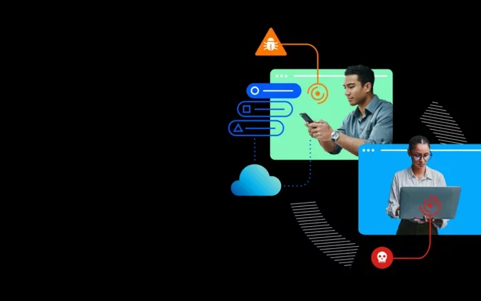 Illustration of users on devices with icons showing cyber risks and threats.