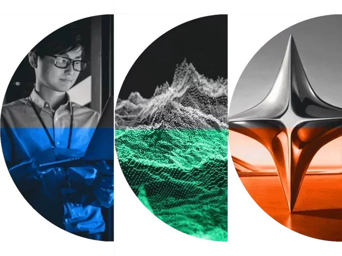Professional using a laptop alongside abstract visuals representing people, data and AI