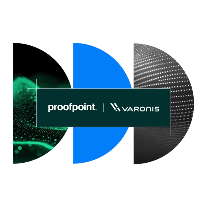 Proofpoint and Varonis logos over three semicircles in green, blue, and gray data-wave patterns