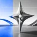 Abstract metallic geometric shape with blue accents on modern minimal background.