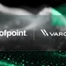 Proofpoint and Varonis logos on a frosted panel over a black, white, and green data-wave background