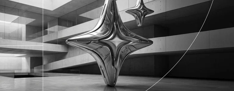 Abstract metallic forms in a modern architectural space representing AI security technology.