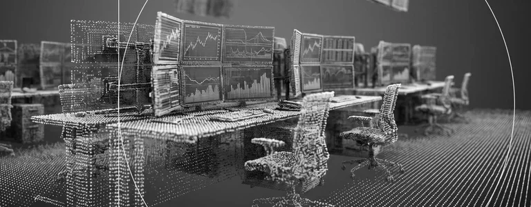Digital visualization of workstations and data dashboards in a connected office environment.