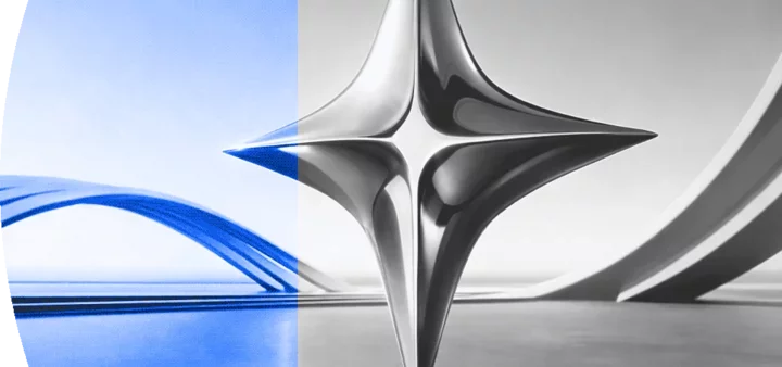 Abstract metallic geometric shape with blue accents on modern minimal background.