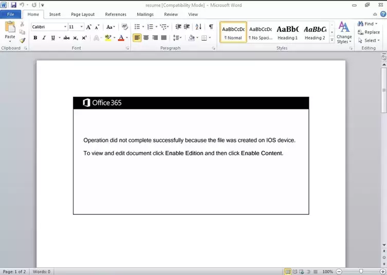 Word-Dokument mit Hinweis, das Dokument sei auf iOs erstellt worden und wird erst richtig angezeigt, wenn der Nutzer Makros aktiviert.