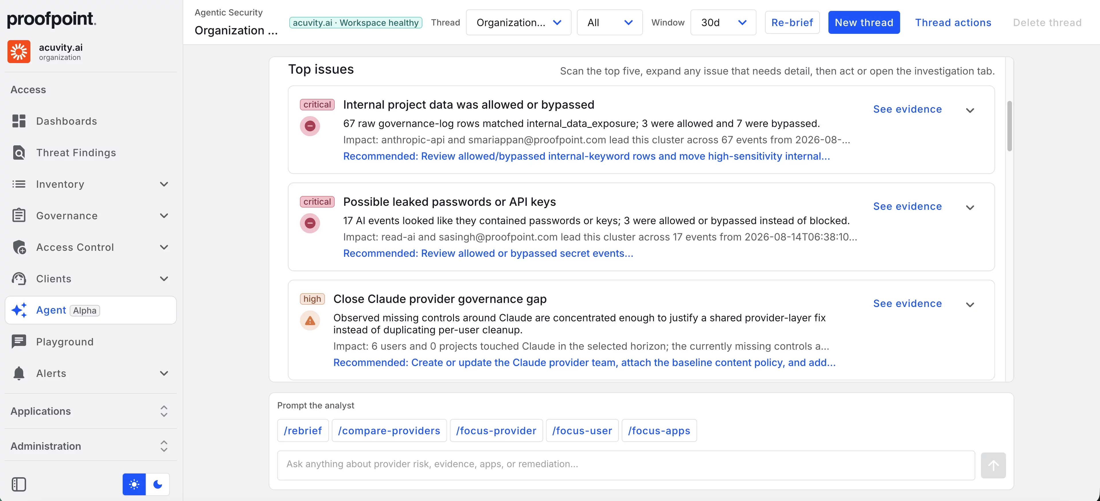 Agentic security dashboard highlighting critical data exposure, leaked credentials, and cloud governance risks.