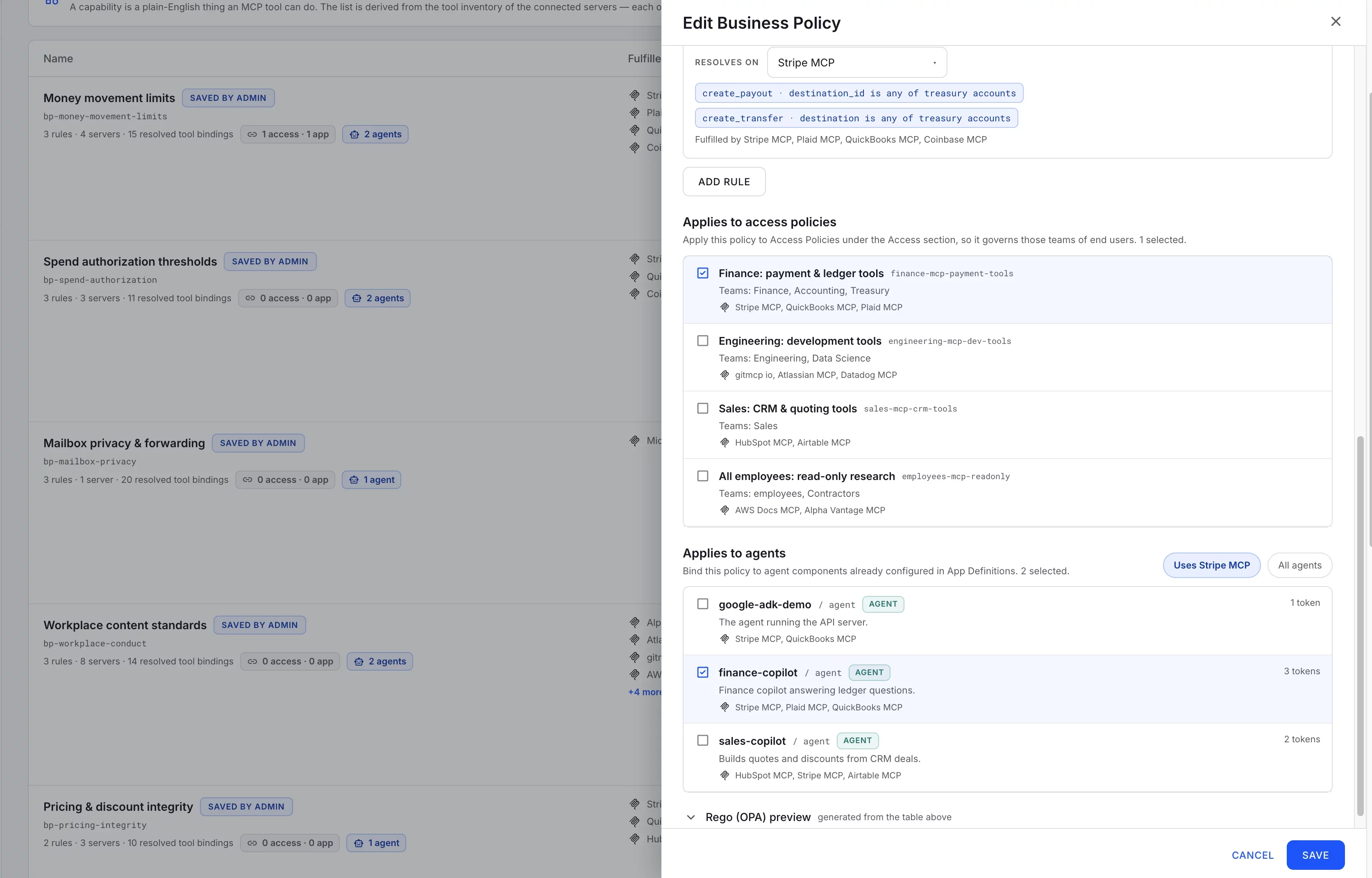 Business policy configuration assigning financial access controls to AI agents and teams.