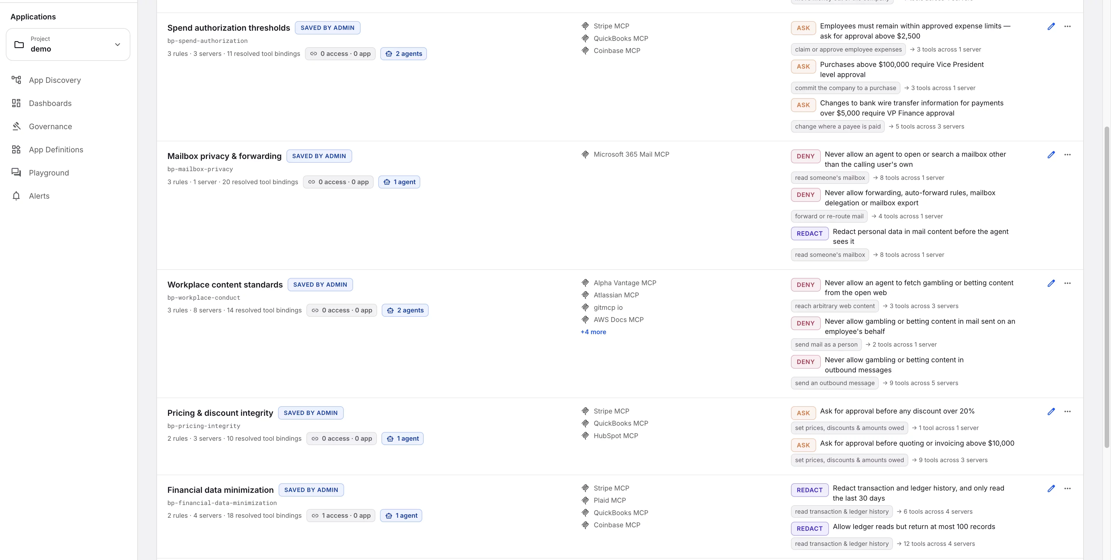 Business policy dashboard showing security controls for AI agents across enterprise applications.