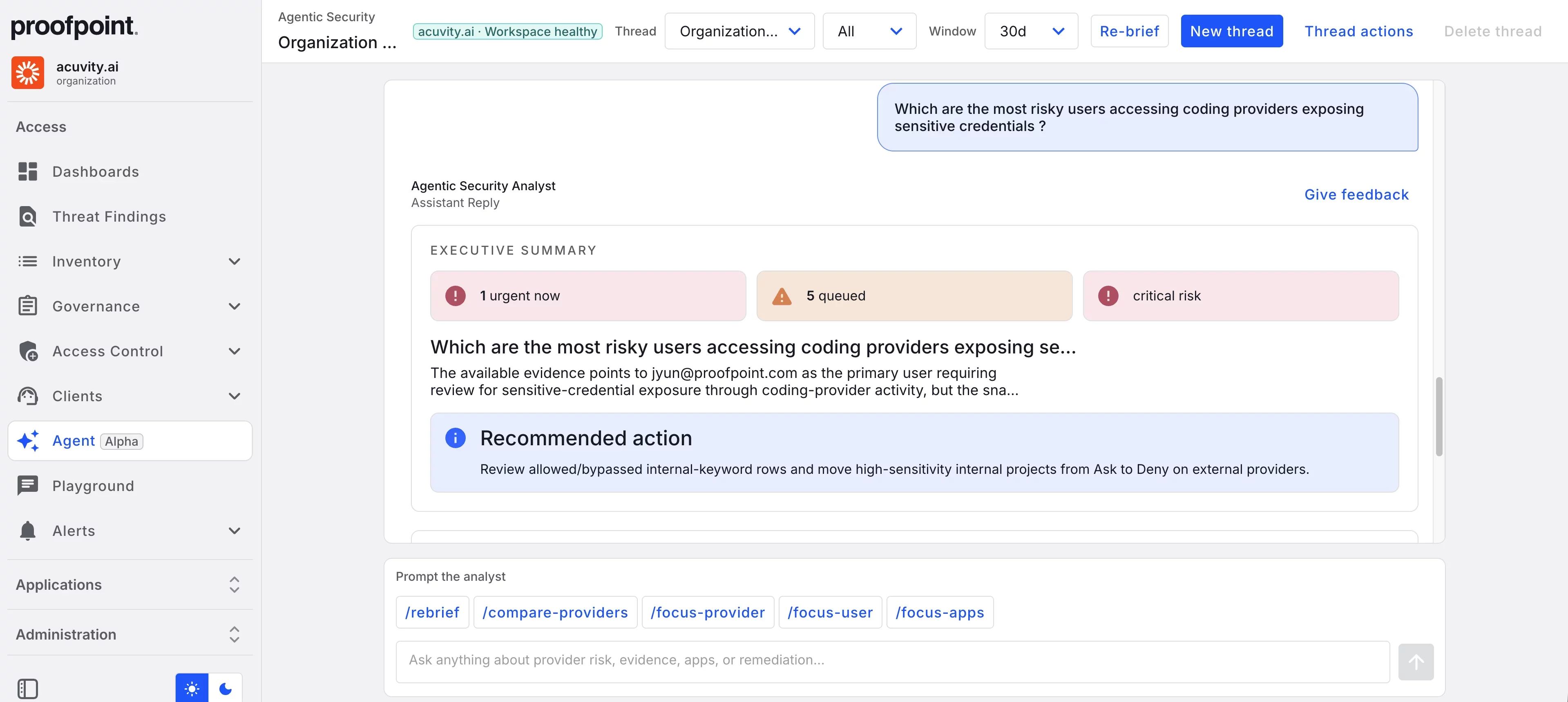 AI security analyst identifying risky users and recommending actions to protect sensitive credentials.