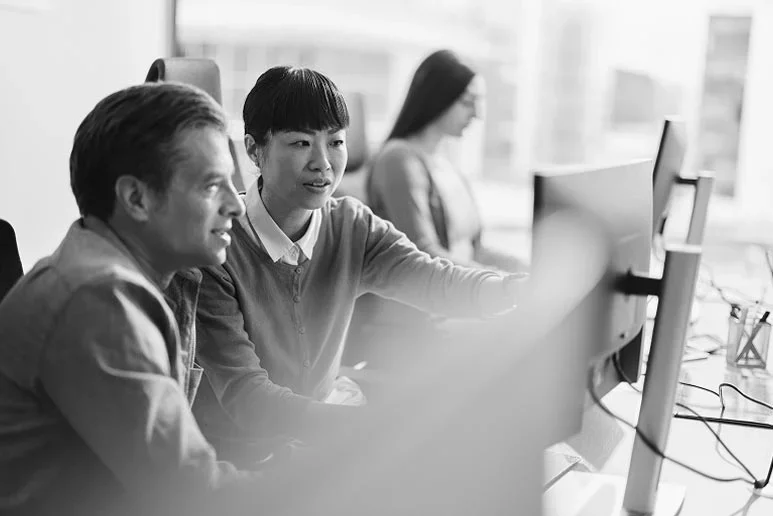 Two professionals collaborating at desktop computers in a bright office, shown in black and white.