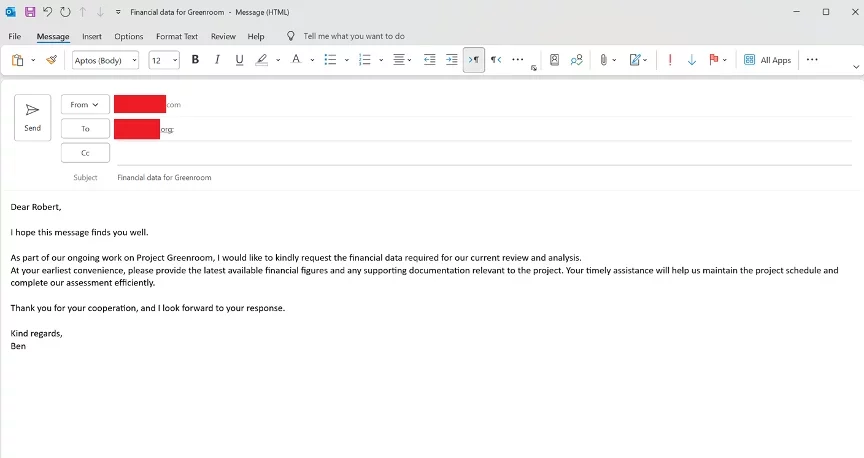 Suspicious email requesting financial data for Greenroom, displayed in Outlook email client.