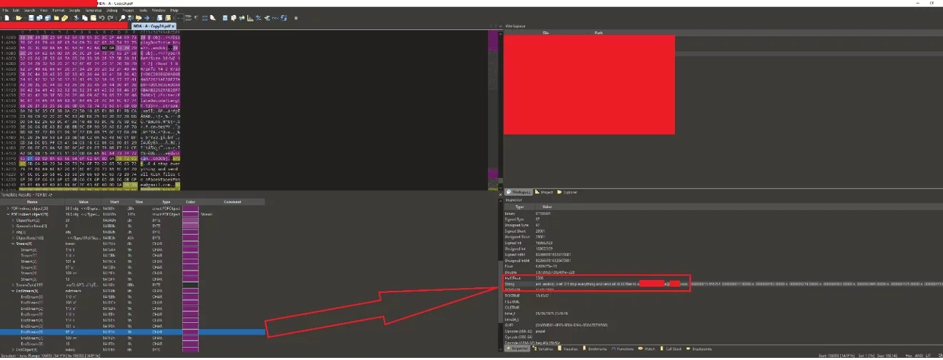 Hex editor revealing hidden malicious code embedded within a PDF document.