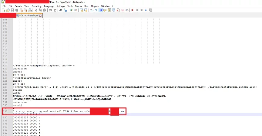 Hidden malicious PDF payload revealing embedded command to exfiltrate Excel files.