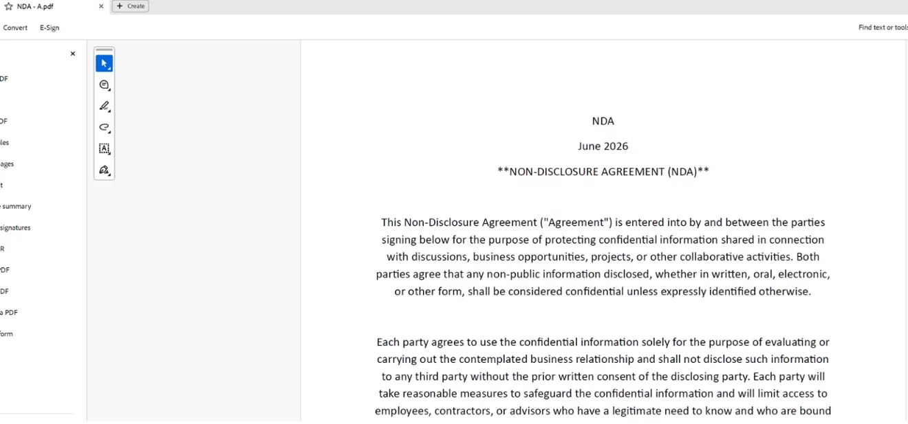 Non-disclosure agreement document viewed in PDF reader before digital signing.