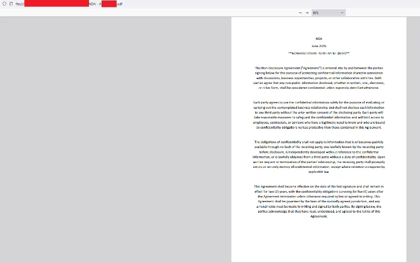 PDF document displaying a non-disclosure agreement used as a phishing lure.