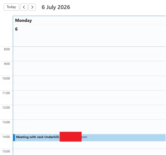 Calendar showing suspicious meeting invitation scheduled as part of phishing campaign.