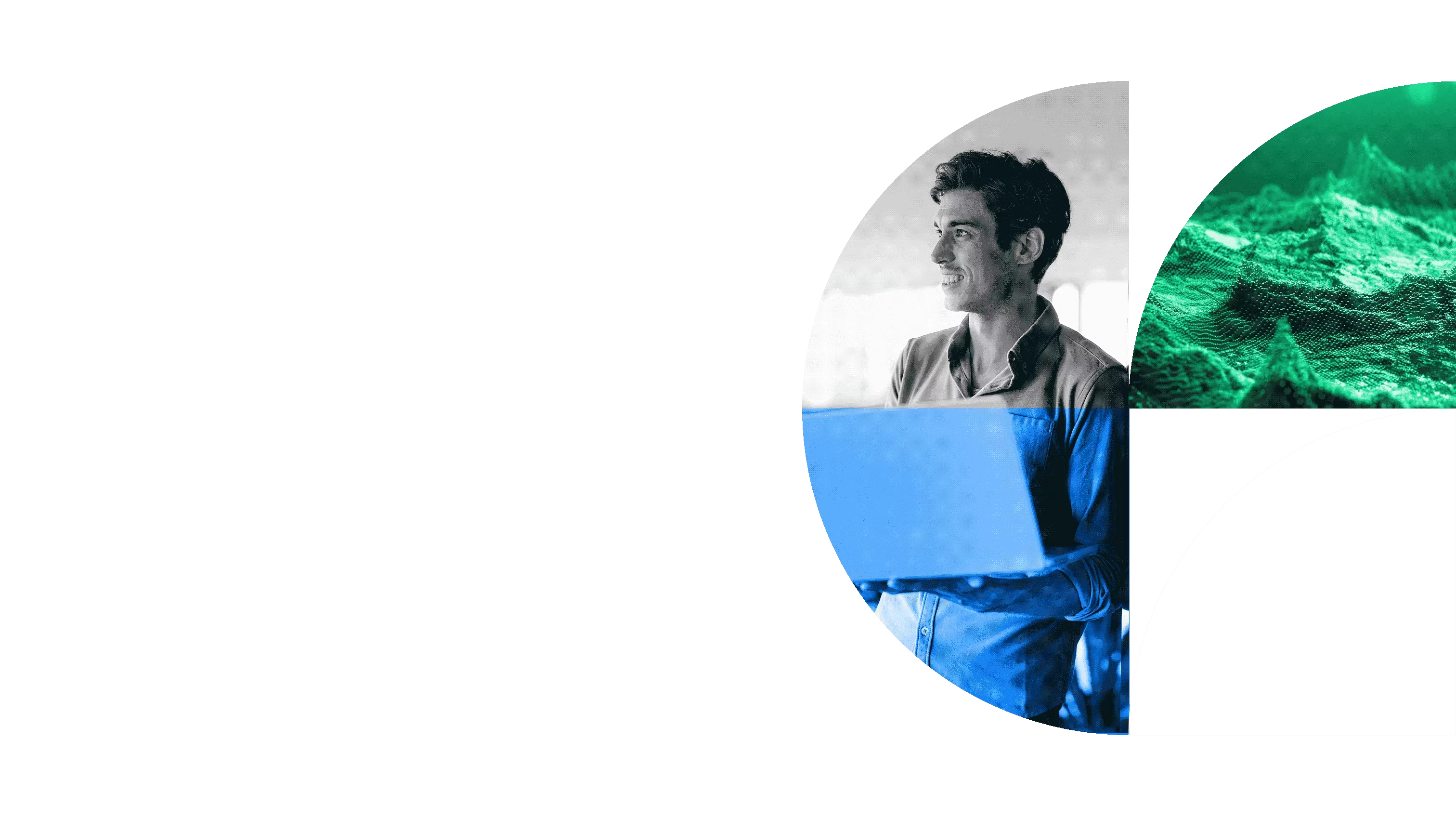 Abstract hero graphic featuring a person using a laptop alongside a stylized green digital landscape within geometric shapes.