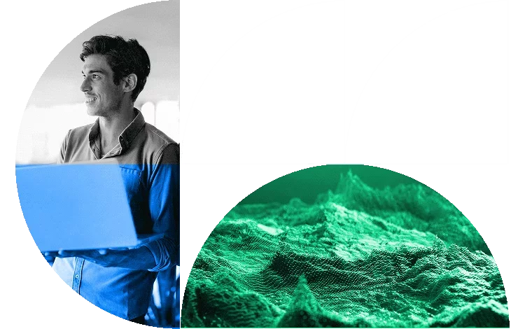 Abstract hero graphic featuring a person using a laptop alongside a stylized green digital landscape within geometric shapes.