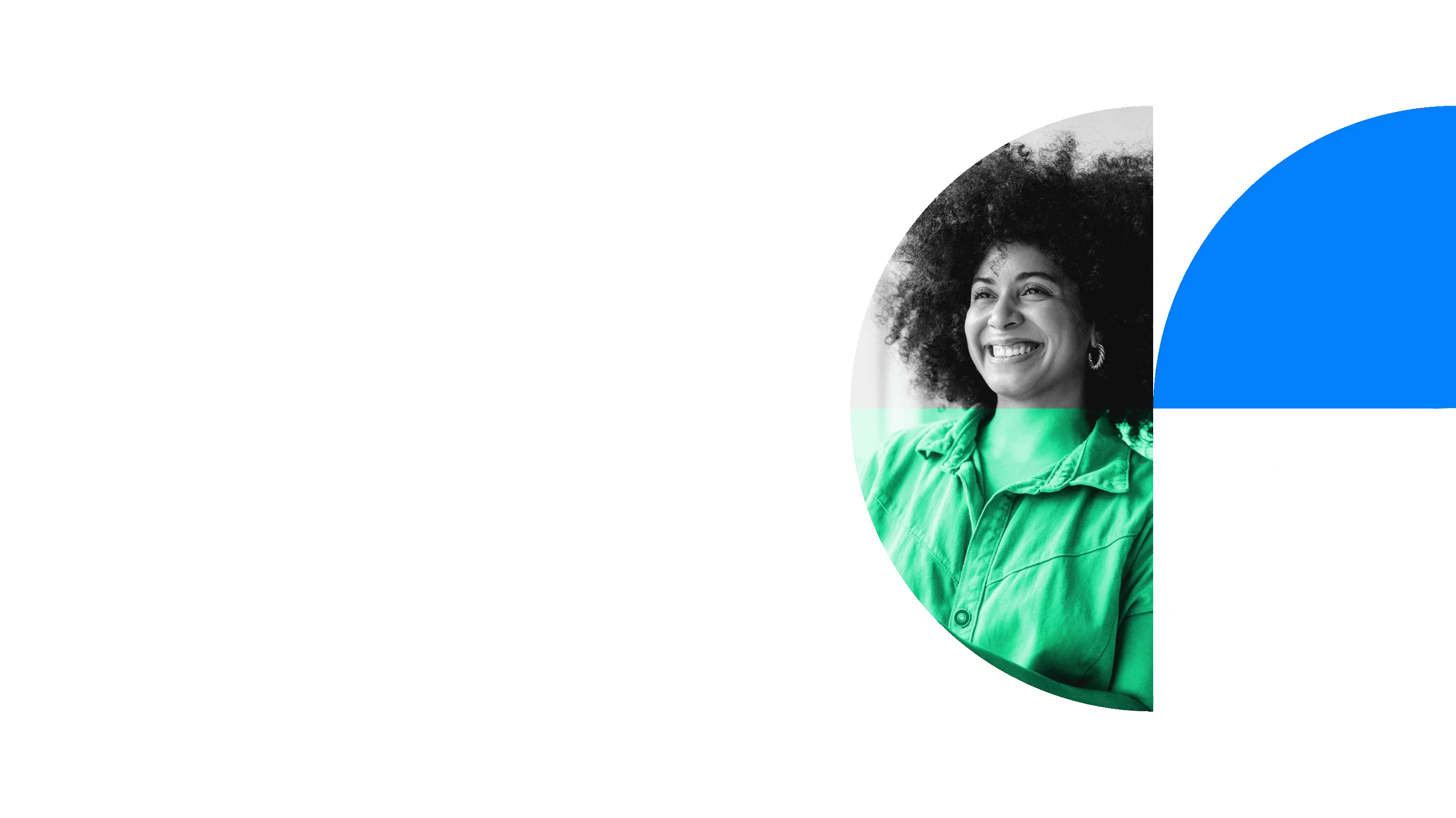 Smiling woman framed by abstract blue and black circular shapes.