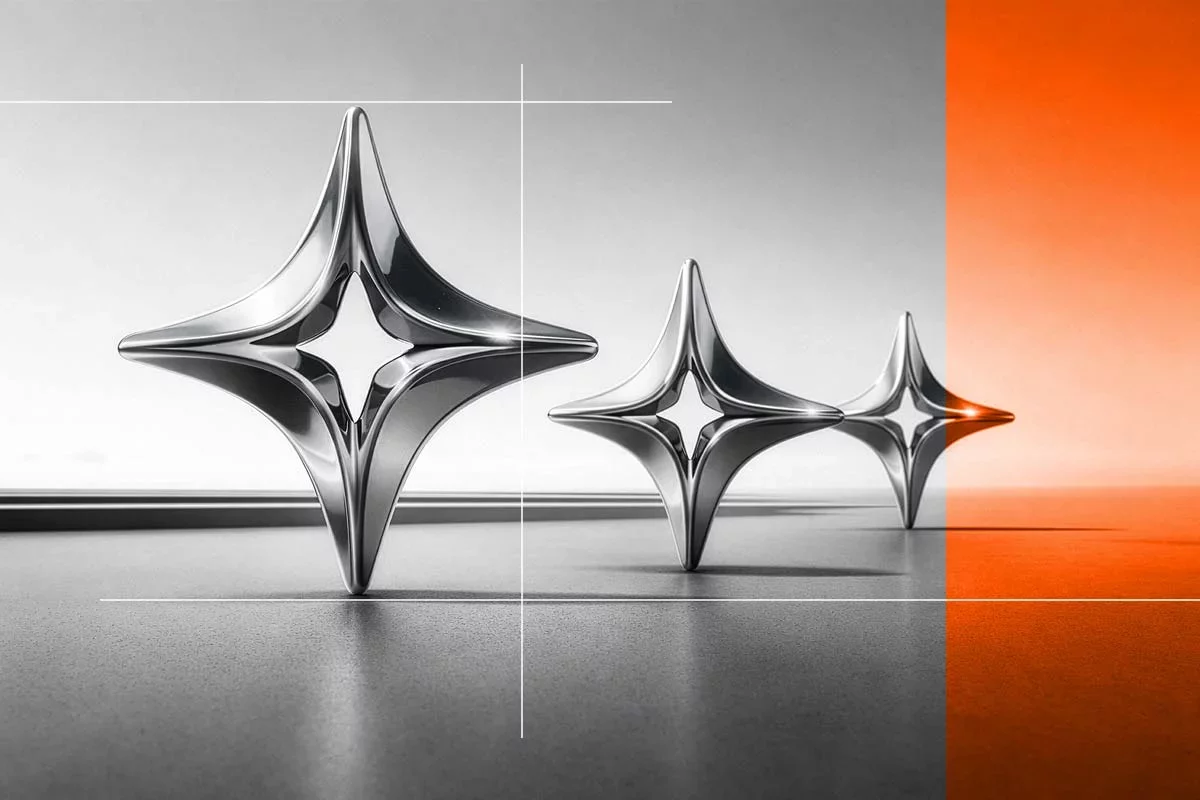 Metallic geometric shapes symbolizing AI innovation and digital technology.