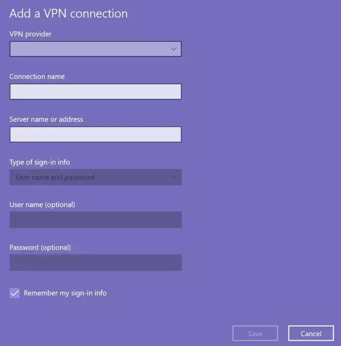 Écran de configuration de l’ajout d’une connexion VPN SSTP
