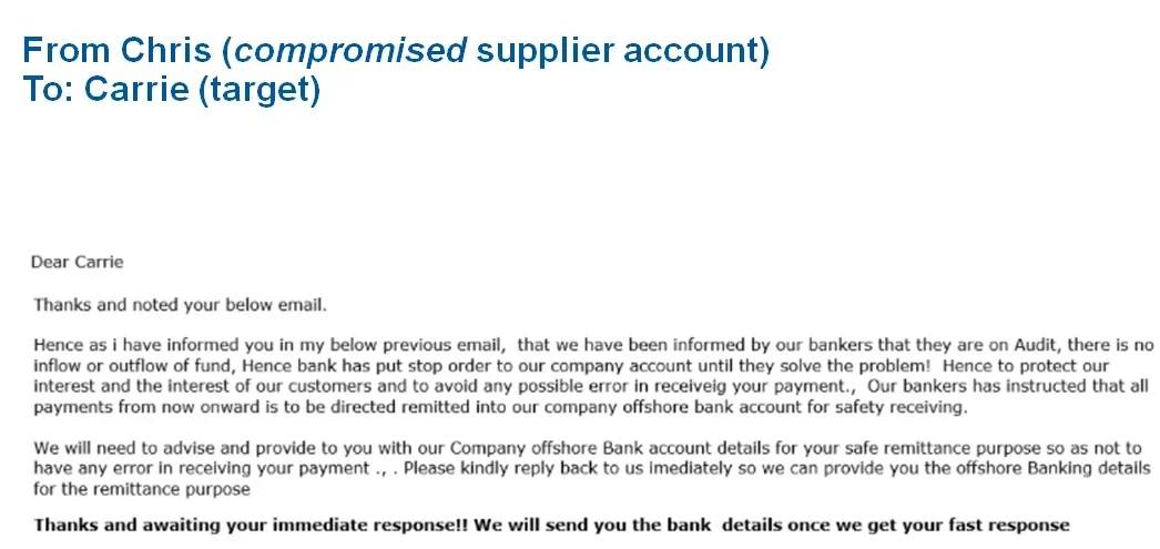 Email from compromised supplier account