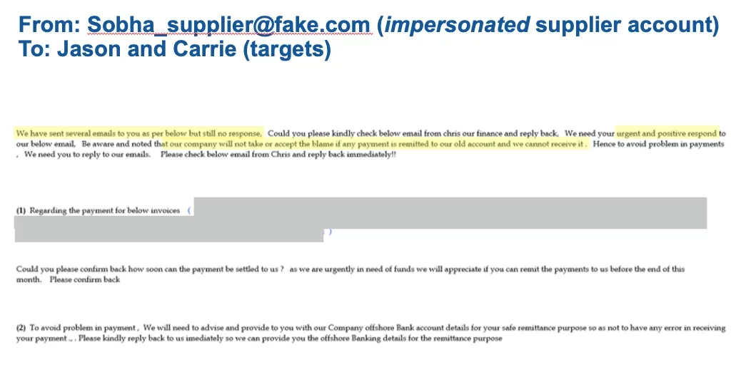Email from impersonated account to both target accounts
