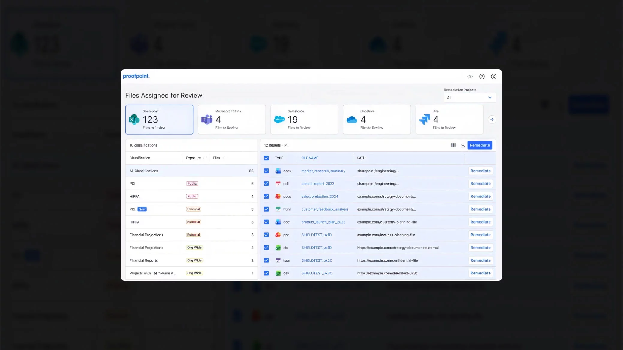 Interface showing files assigned for review with classification and remediation options.