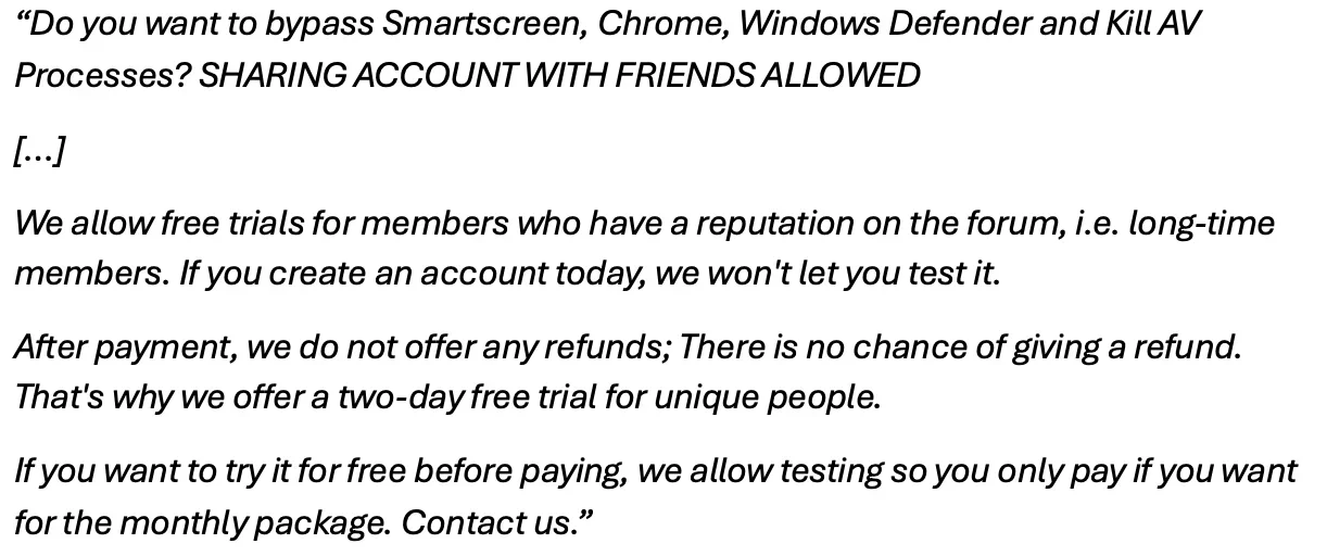 Forum advertisement promoting a tool that claims to bypass SmartScreen, Chrome, Windows Defender and antivirus processes.