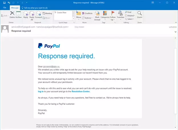 Ejemplo de phishing suplantando a Paypal