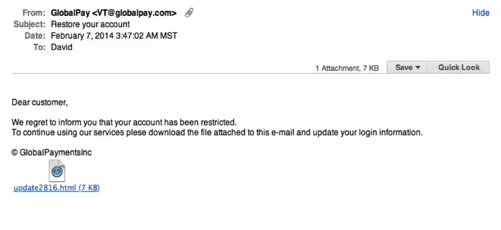 Screenshot einer Phishing-Mail, die den Nutzer informiert, sein Account sei gesperrt worden und er müsse einen E-Mail-Anhang öffnen, um ihn wiederherzustellen.