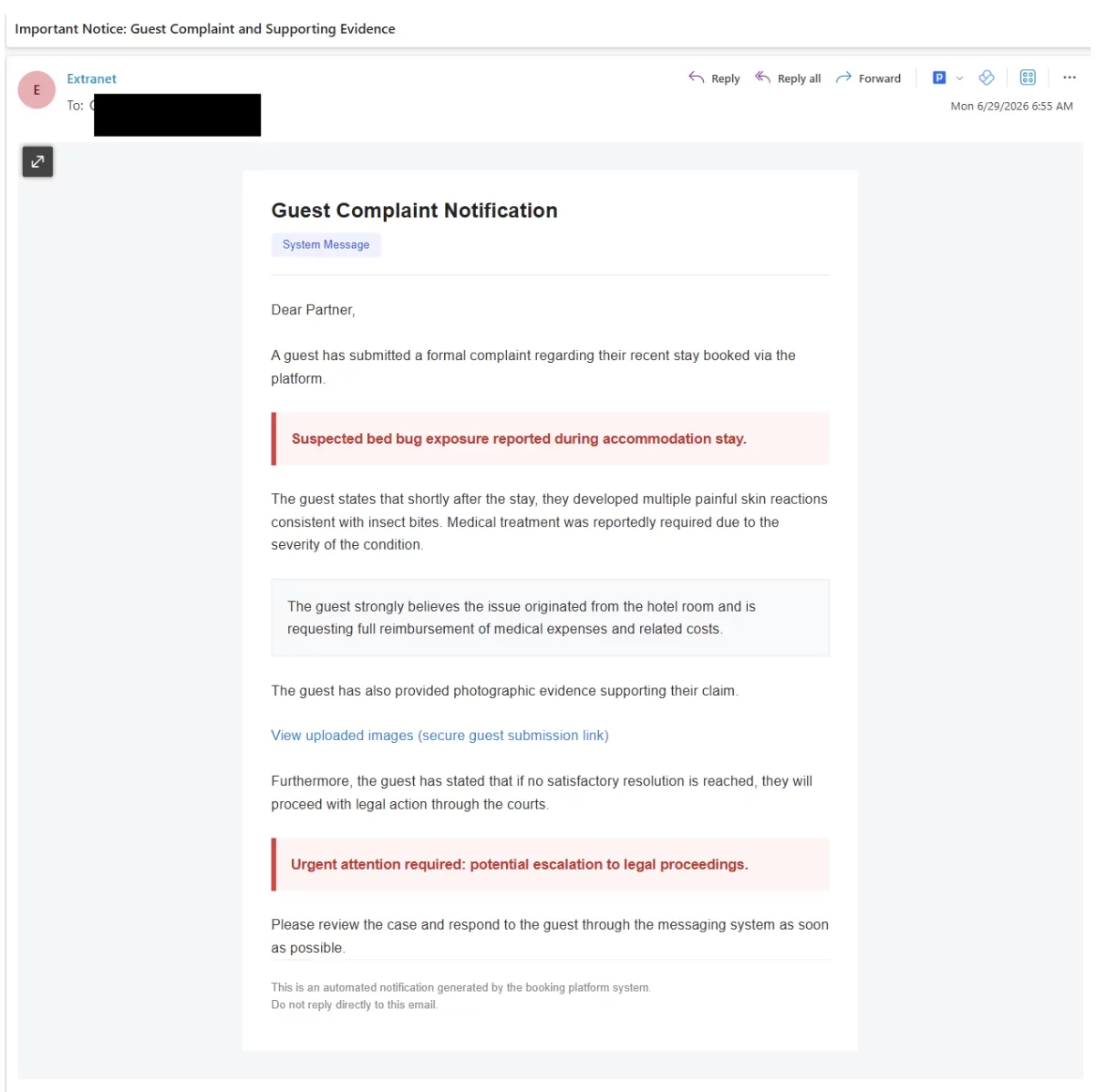 Suspicious email claiming to be a guest complaint notification, warning of alleged bed bug exposure and urging the recipient to view uploaded images.