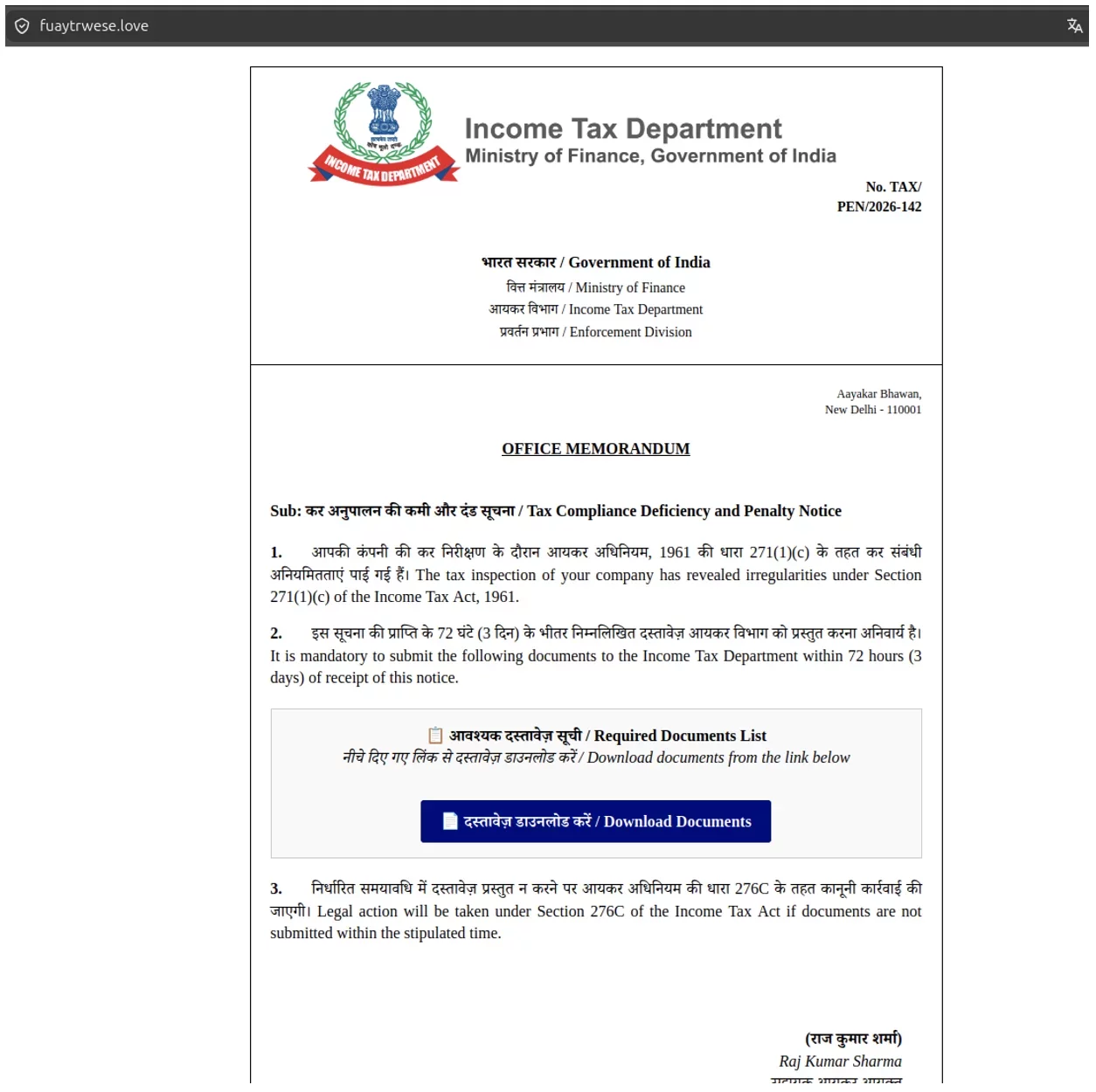Fake Income Tax Department of India notice claiming tax compliance deficiencies and instructing the recipient to download required documents.