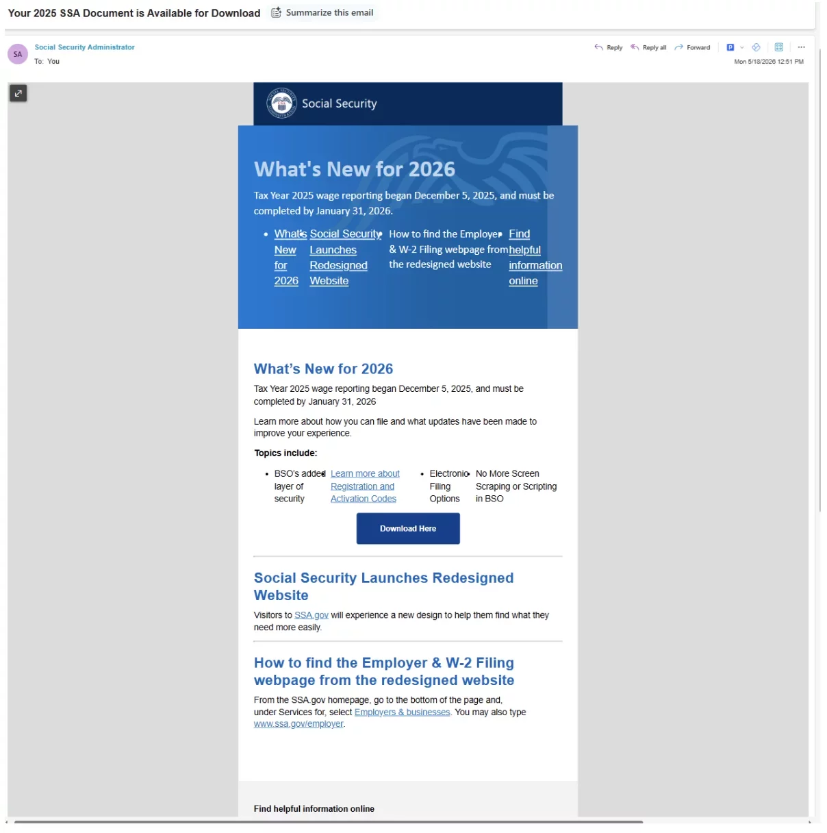 Suspicious email impersonating the Social Security Administration and prompting the recipient to download a 2025 SSA document.