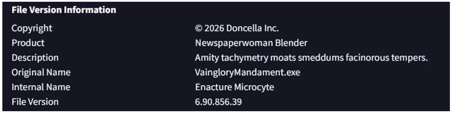 File version information panel showing metadata for an executable named VaingloryMandamente.exe, including product, description, internal name and file version.