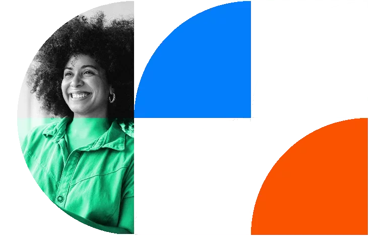 Smiling woman framed by abstract blue, orange, and black circular shapes.