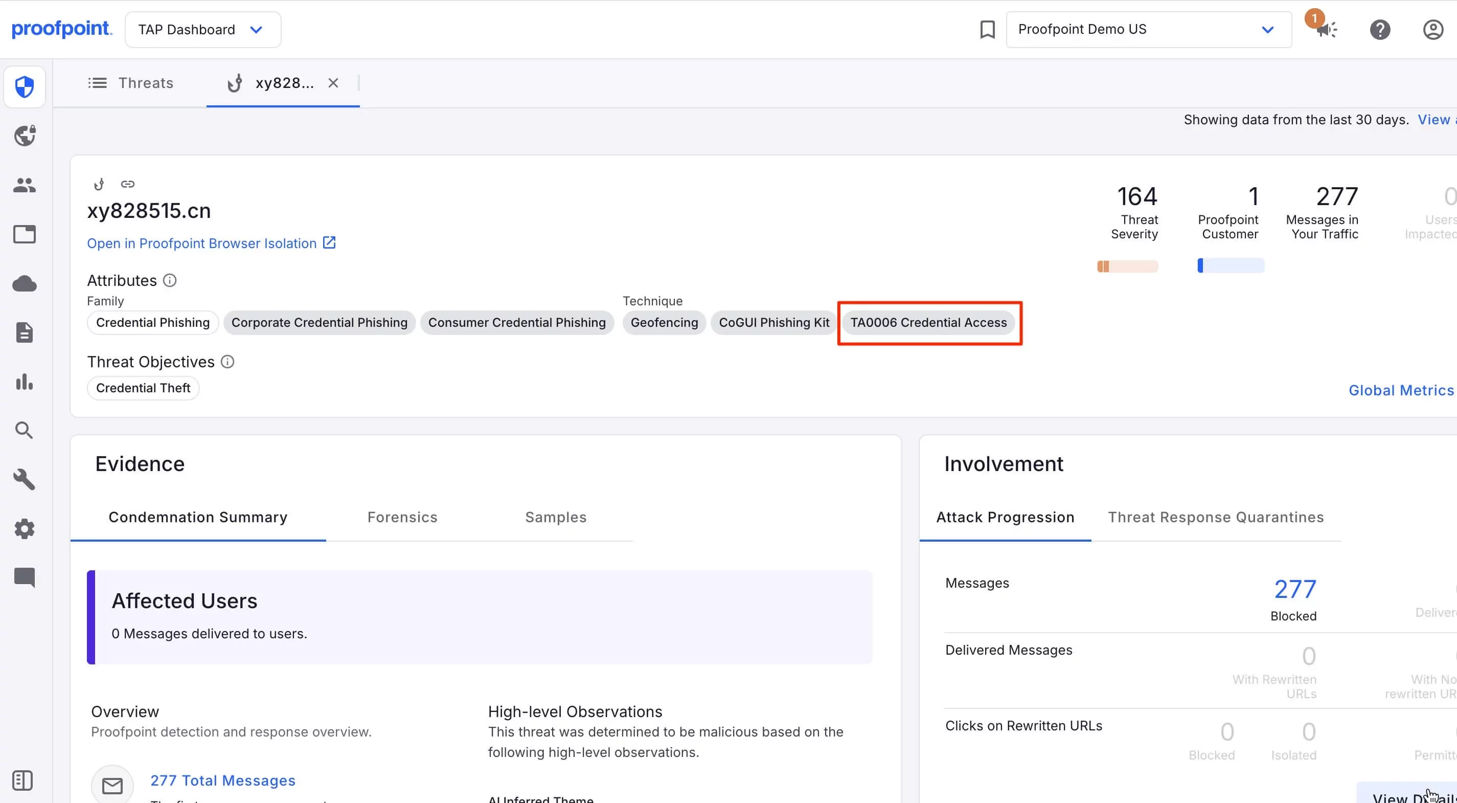 Threat intelligence dashboard showing phishing campaign details and credential access classification.