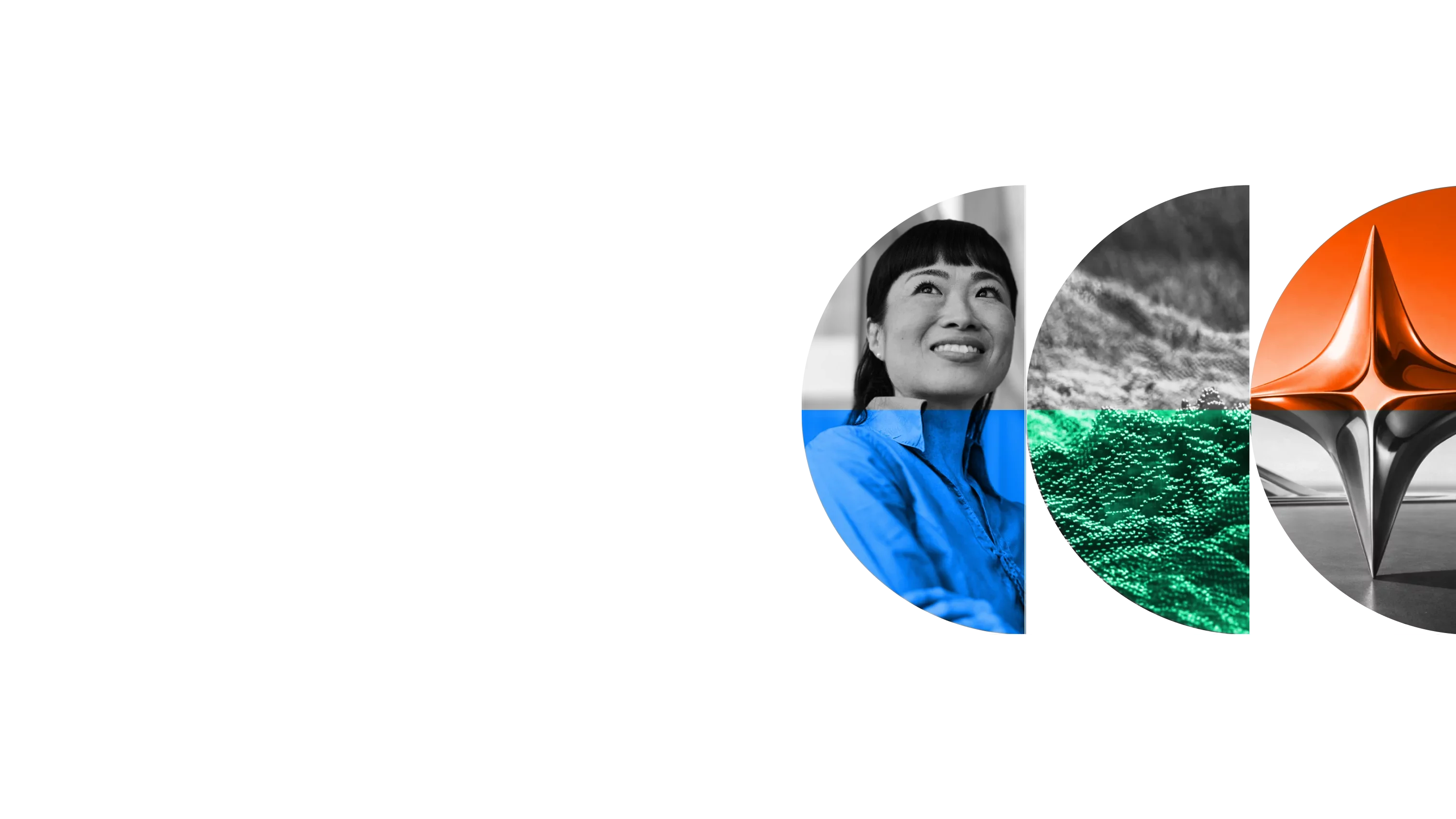 Abstract hero image combining a smiling woman’s portrait, textured data-like pattern, and a reflective metallic form in circular segments, representing people, data, and AI innovation.