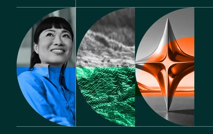 Abstract hero image combining a smiling woman’s portrait, textured data-like pattern, and a reflective metallic form in circular segments, representing people, data, and AI innovation.